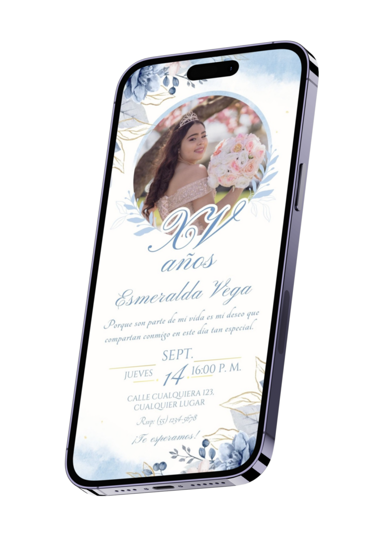 Invitación XV Años Elegante Floral Azul